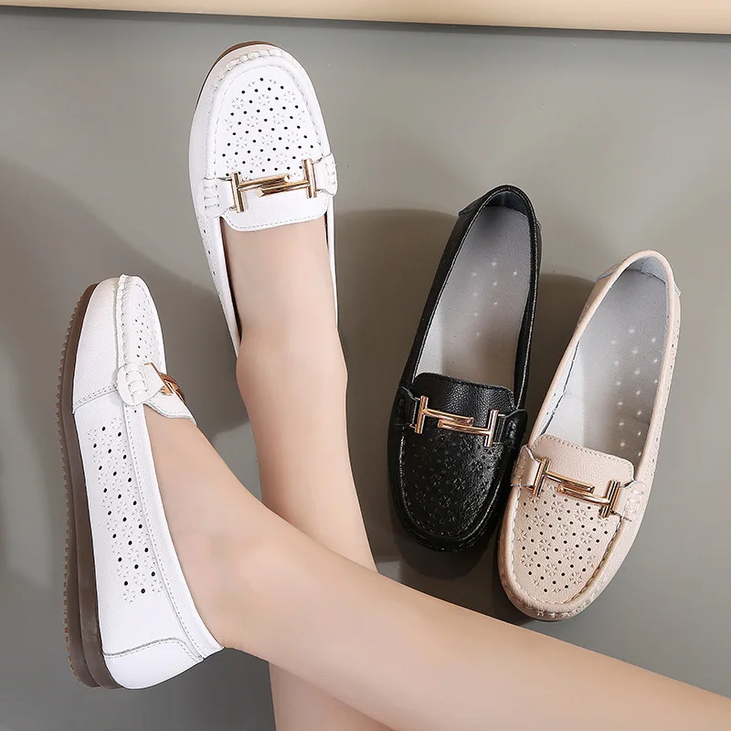 Summer Women Flats Shoes Cutouts Genuine Leather Loafers Shoes Woman Breathable Ballet Flats Oxford Women Casual Shoes