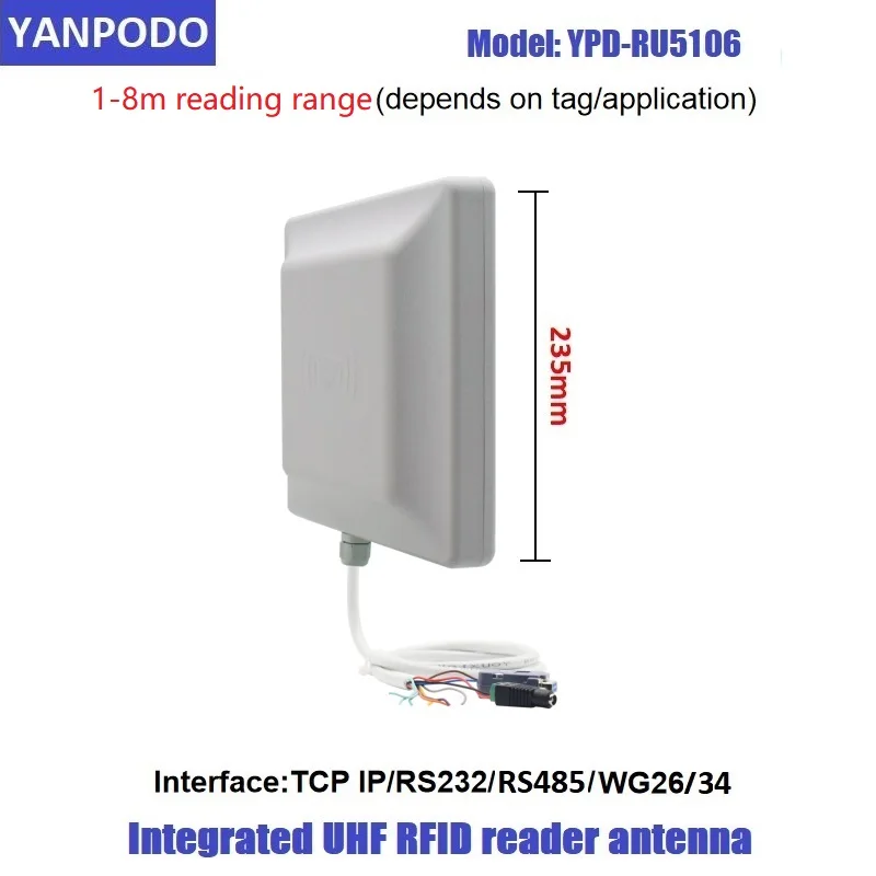 Yanpodo long range 1-8m UHF RFID integrated reader WG26/34 RS232 EPC GEN2 build in 7dbi antenna used for parking access control