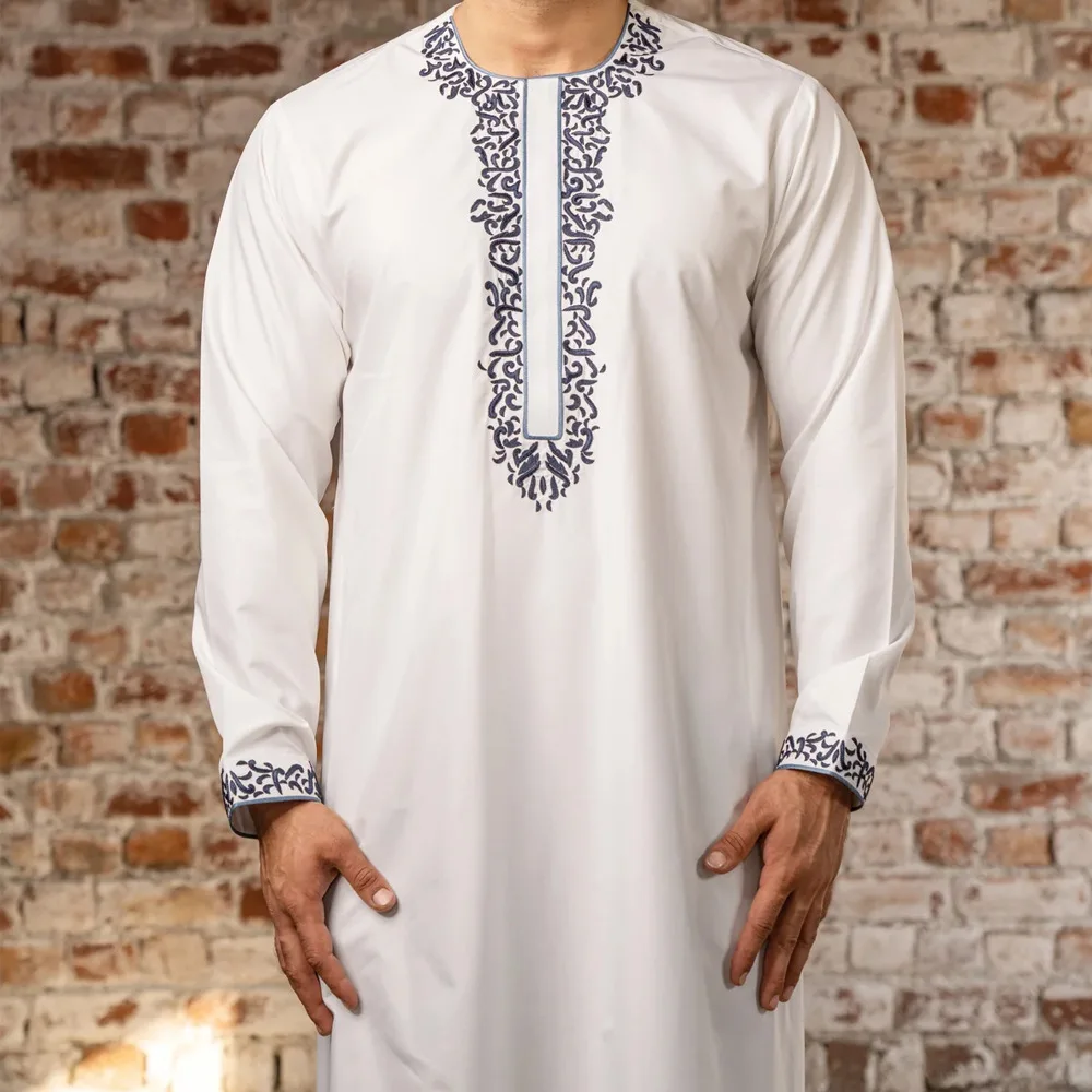 Abito lungo da uomo Jubba Thobe abito ricamo pullover manica lunga Abaya uomo musulmano Marocco Dubai impiombato primavera tradizionale