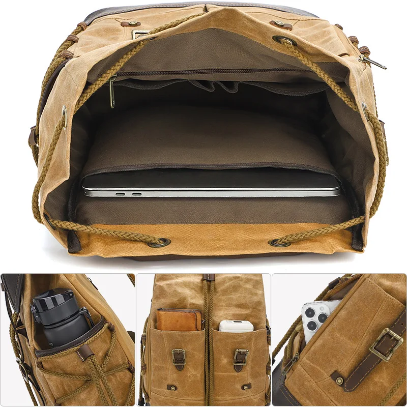 Retro-Patchwork-Rucksack aus Segeltuch und Leder, wasserdicht für Outdoor-Reisen, Computeraufbewahrung, Reiserucksack mit mehreren Taschen