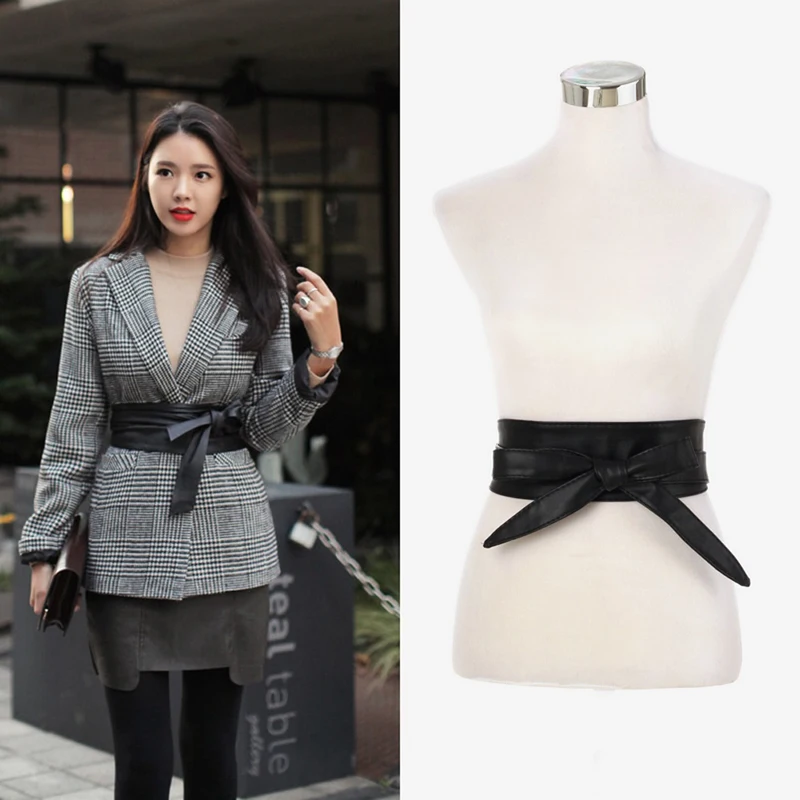 Wide Pu Leather Waist Belts for Women Self Tied Bowknot Wrap Around Dress Belts Black Red White Corset Cincher Waist Band