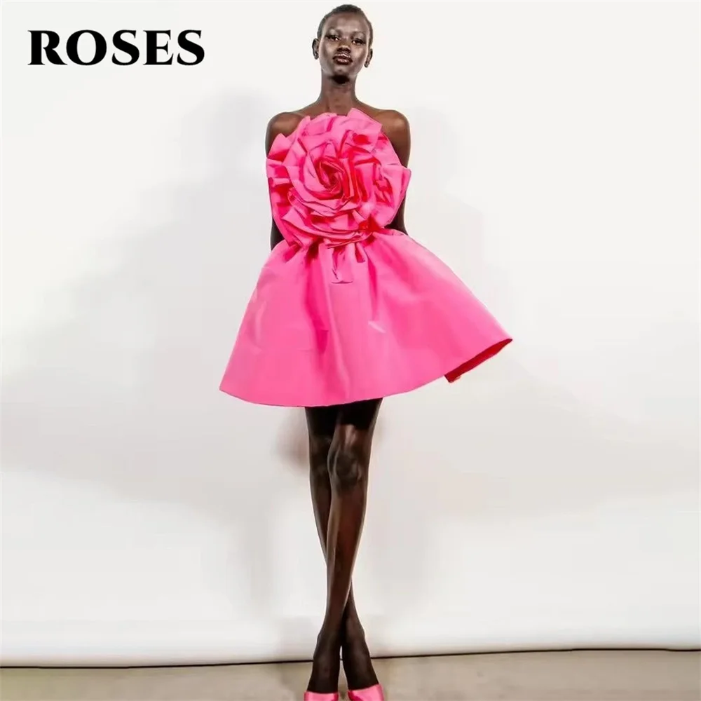 

ROSES Pink Stain Short Party Dresses A-Line Evening Prom Dress Sleeveless Strapless Celebrity Dresses with 3D Flower Customized