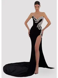 Women Luxury Sexy Strapless Backless Beading Black Maxi Long Dress 2023 Elegant Party Evening Stage Performance Dress Vestido