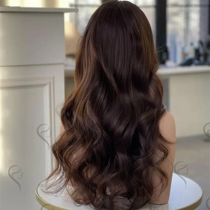 Ombre Chocolate Brown Highlights Synthetic HD Lace Front Wig High Quality Wig Natural Long Wave Top Glueless Futura Premium Wig