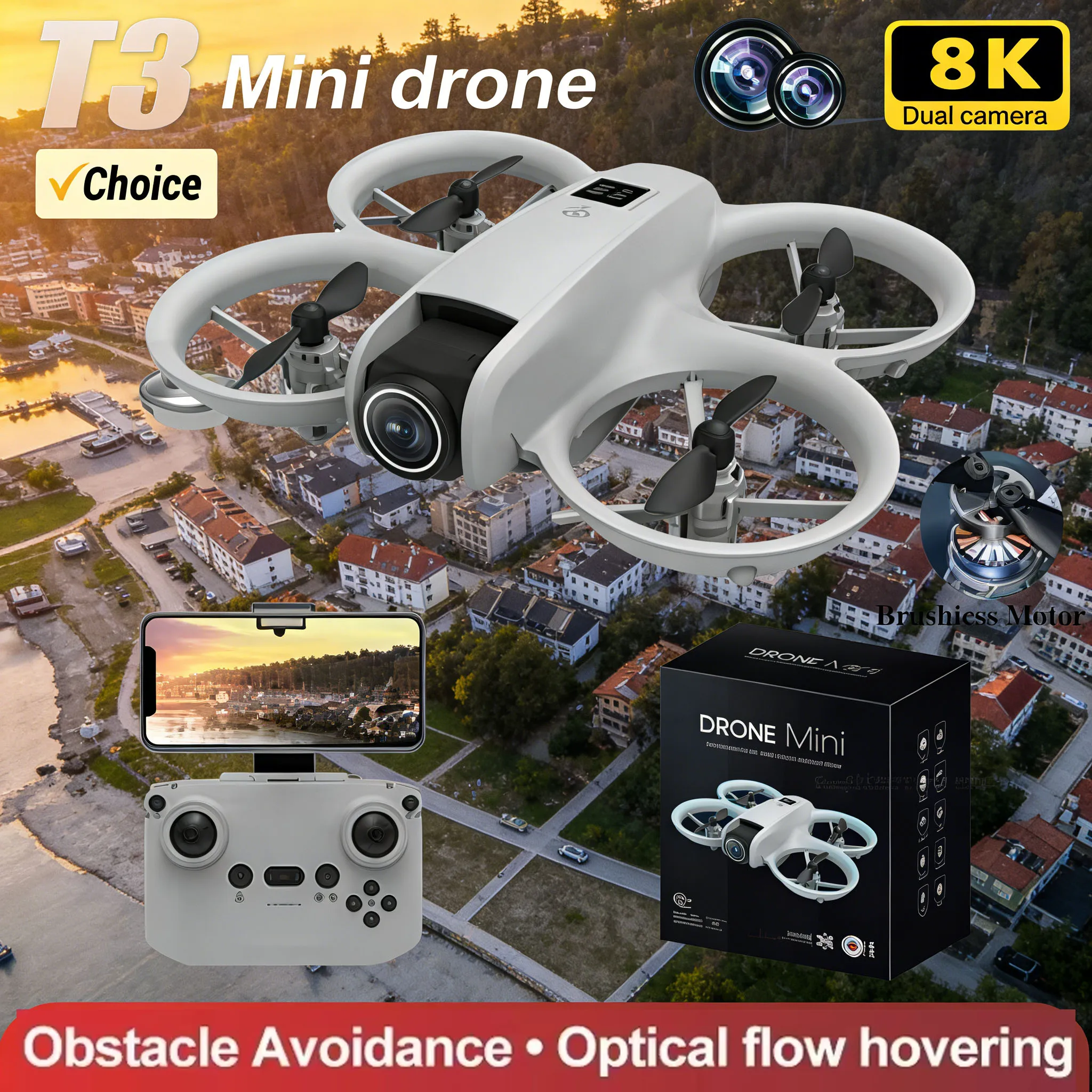 طائرة بدون طيار T3 صغيرة مع نظام تحديد المواقع وتجنب العوائق - كاميرا مزدوجة بدقة 8K HD 5G WiFi FPV RC Quadcopter، هدية لعبة الوضع المتتابع التلقائي #1