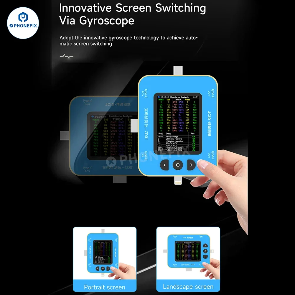 Imagem -04 - Detector de Carregamento Jcid Cd01 para Iphone e Android Testador de Porta Relâmpago tipo c Diagnóstico de Falha de Desenho Inteligente Uso com jc