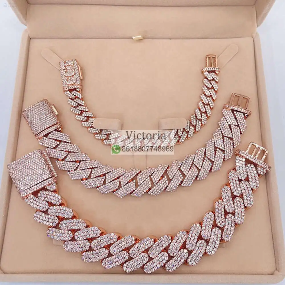 Hip Hop 13mm 20mm 23mm Miami Cuban Link Men Iced Out Rose Gold Moissanite Cuban Bracelet