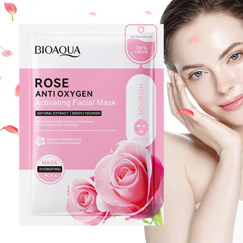 Lençol Facial Rosa Natural para Hidratação e Nutrição, Cuidado da Pele Descascante, Máscara Facial com Extratos de Rosa