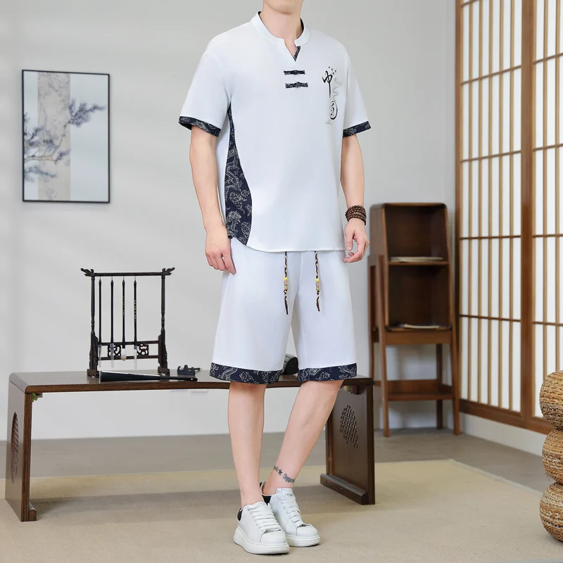 

Short-Sleeved+Shorts Men'S Summer High-Quality Fashion Trend Loose Breathable shirt men Casual Chinese style two piece Set