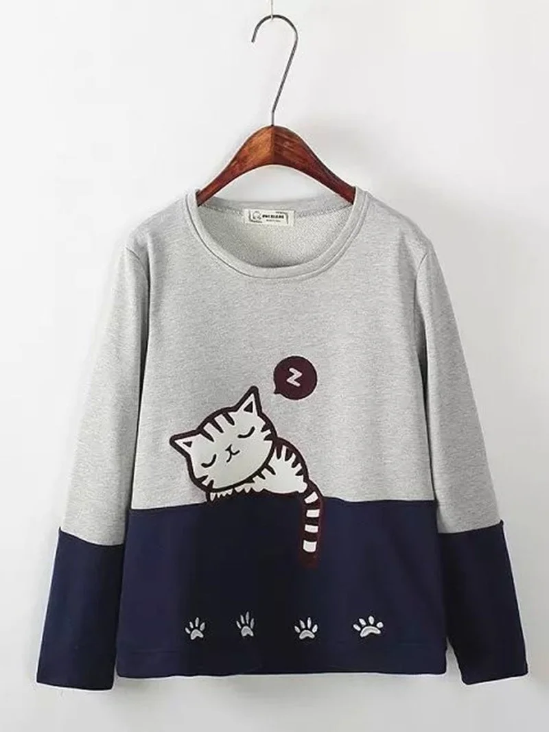 

Women Cartoon Cat Embroidery Sweatshirts O-Neck Long Sleeve Animal Pullovers Autumn Winter Warm Color Matching Tops Streetwear