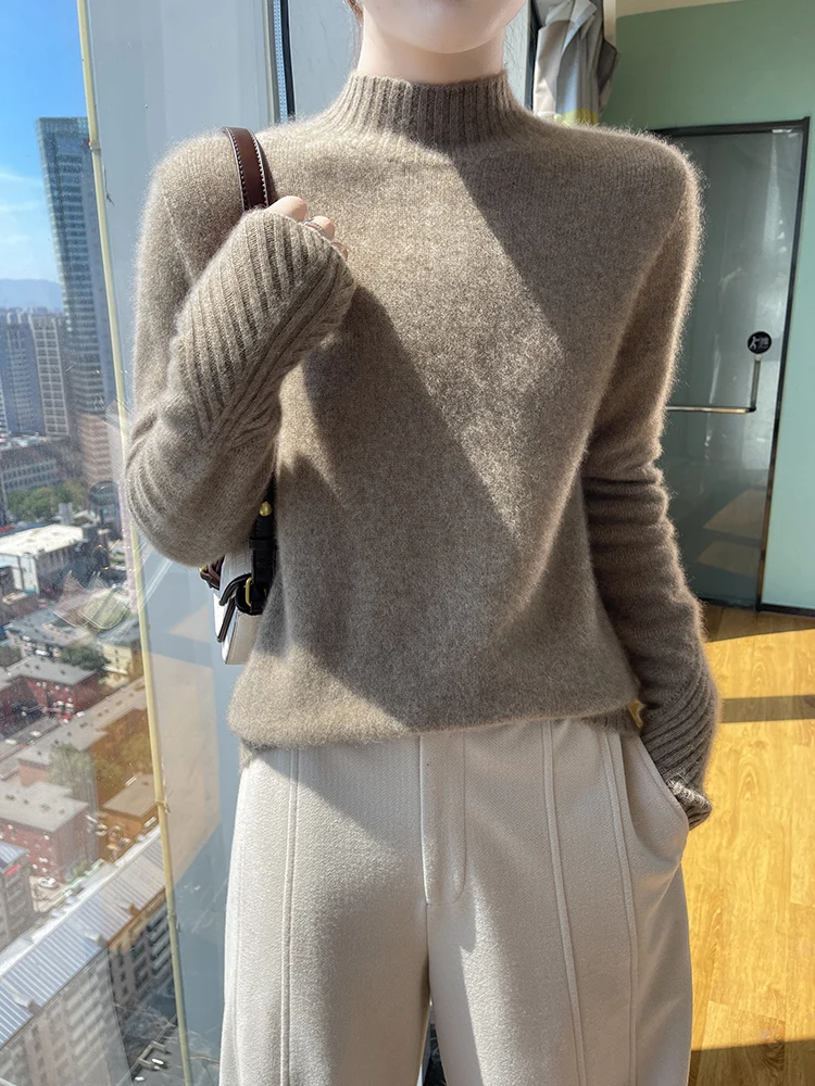 

New Autumn Winter Women 100% Merino Wool Sweater Mock Neck Pullover Soft Warm Knitwear Long Sleeve Female Wool Jumper Tops