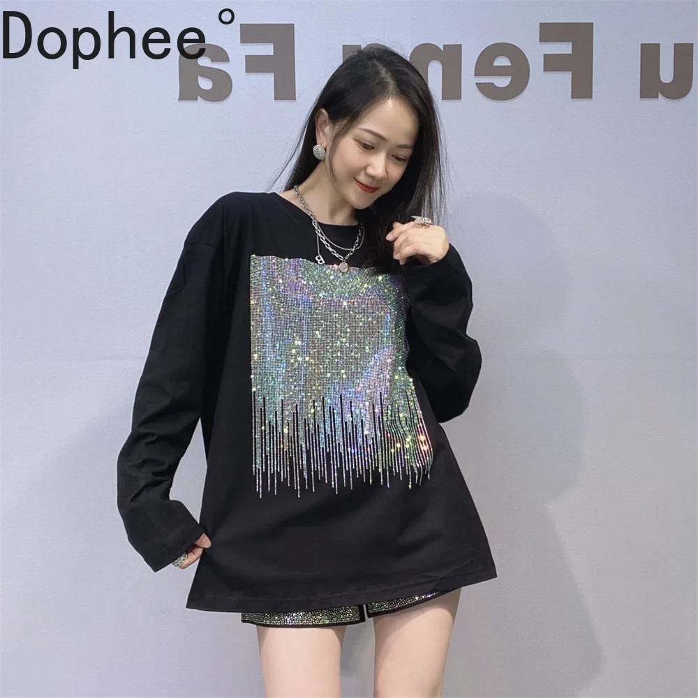 

2025 New Autumn Shiny Diamonds Long Sleeve T-shirt All-match Loose O-neck Pullover Top Hot Drilling Black Cotton Bottoming Tees