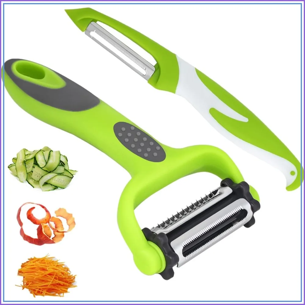 Razor-Sharp 4-in-1 Veggie Peelers, 2-Pack, Kitchen Potato Peeler with Rotary Stainless Blade & Non-Slip Handle, Peeling, Slicing, Shredding, Julienning, Excising