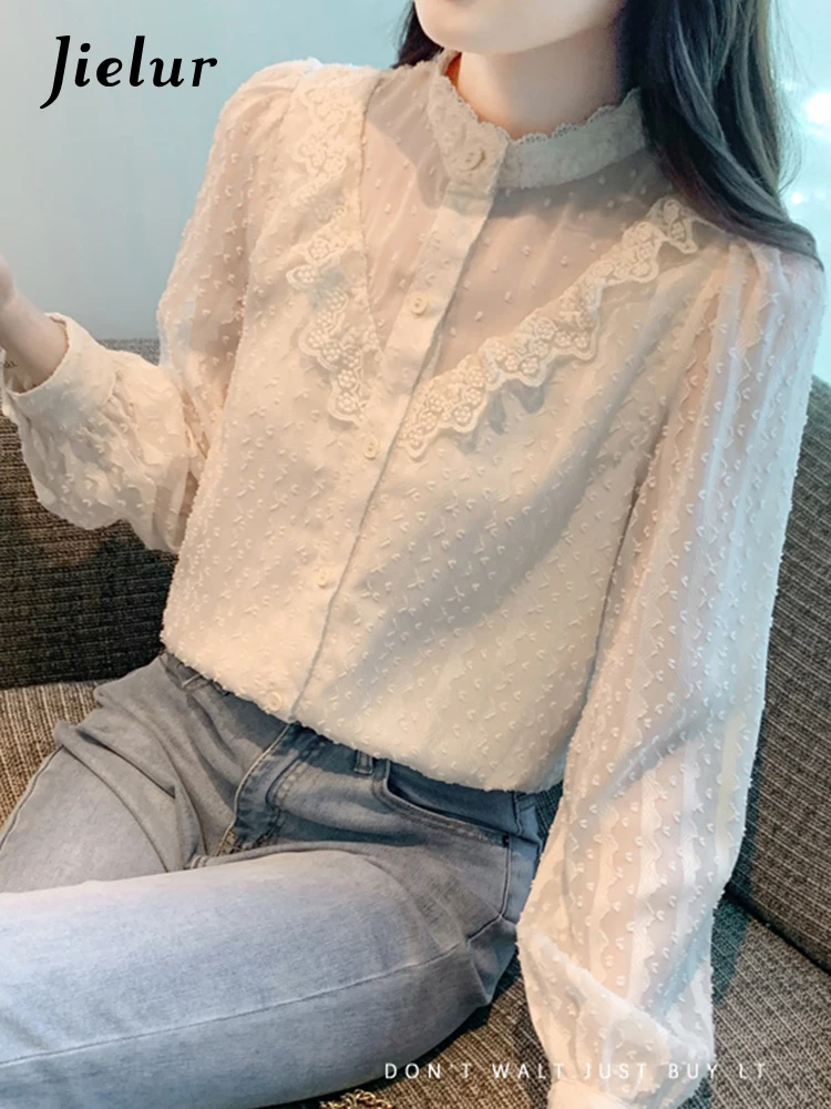 Jielur Autumn New Solid Color Slim Chiffon Women Shirt Sweet Ladies Elegant Shirt Female Apricot Lace Bubble Sleeve Top Woman