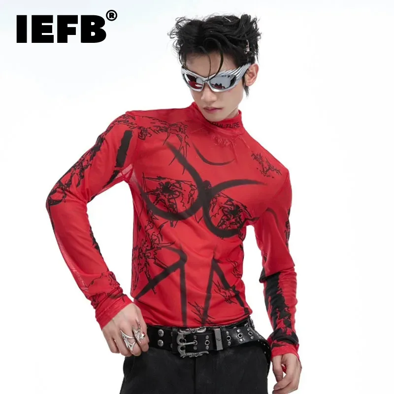 

IEFB High Street Printing Long Sleeved T-shirt Long Design High Neck New Fashion Contrast Color Male Tops Undershirt 24E1283