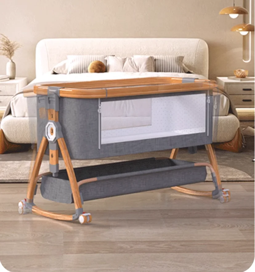 Wood grain crib can be moved multi-functional crib can be folded and spliced large bed newborn cradle bionic crib