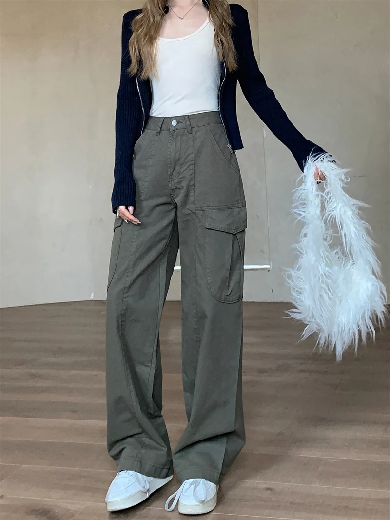 Retro American-Style Workwear Denim Casual Pants Army Green Straight-Leg Pants Long Pants for Women Good Quality