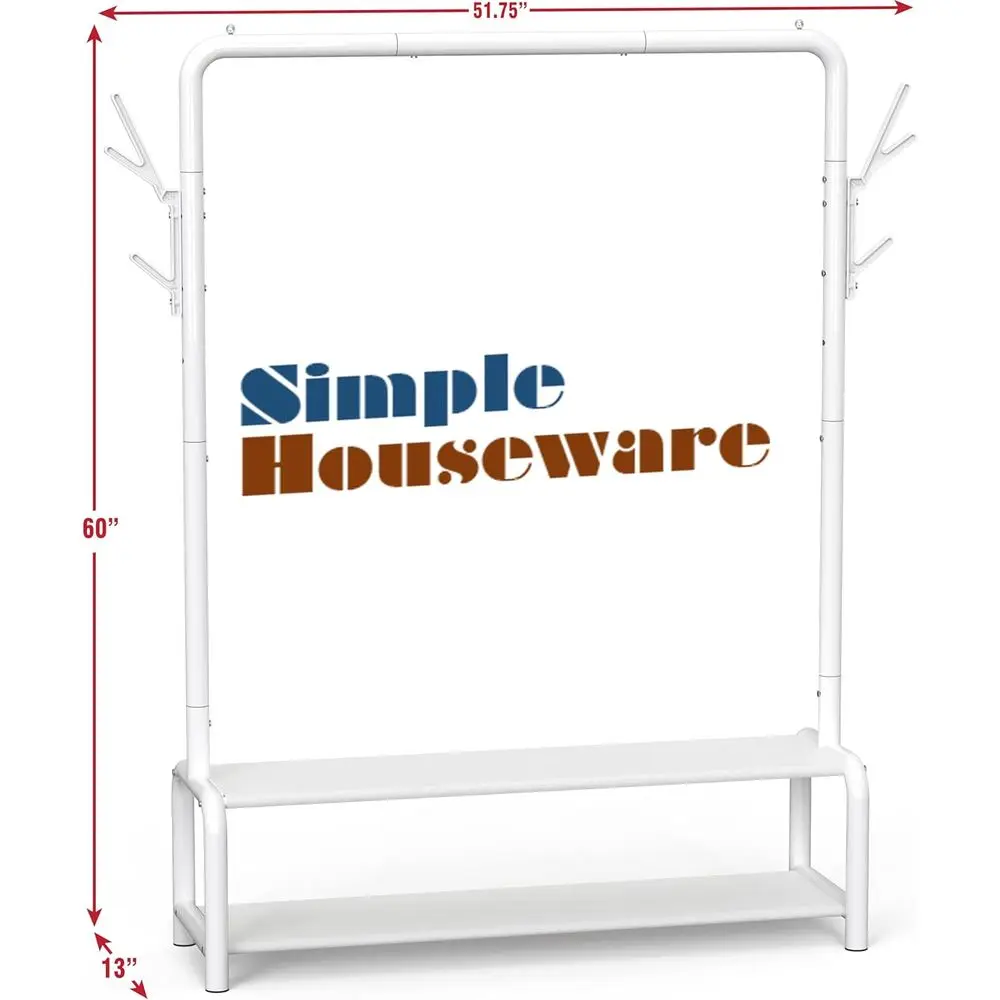 Cabideiro de Chão de 52 Polegadas com Prateleiras de Armazenamento e Ganchos para Casacos/Chapéus, Branco