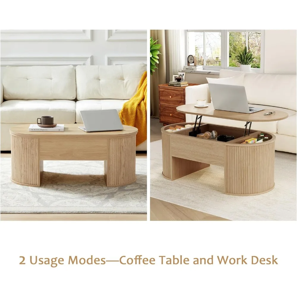 طاولة قهوة أخدود مع سطح رفع، طاولة قهوة خشبية بيضاوية الشكل مع مقصورات مخفية، مركز سحب في العصور الوسطى