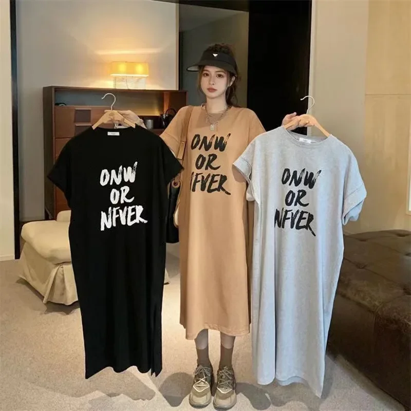 Korean Plus Sizet Women's T-Shirt Summer Loose-Fit Simple Plus Size Dress Students Short Sleeves Base Layer Top For Women