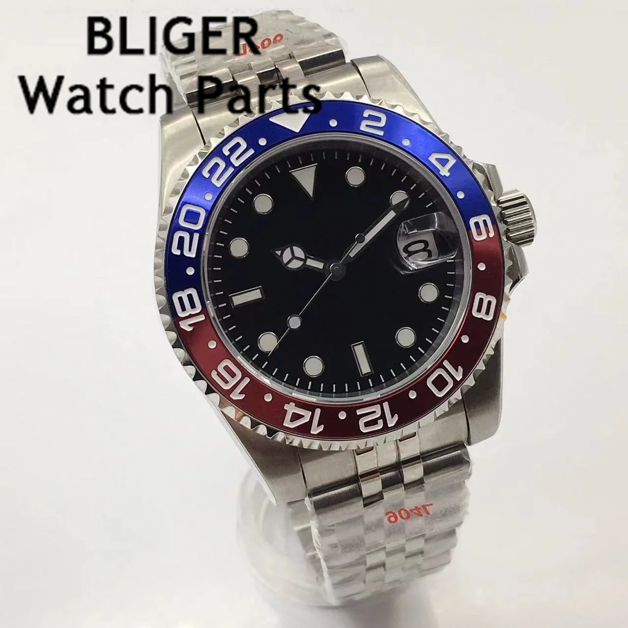 

BLIGER 40mm Automatic Watch Oyster Bracelet NH35 MIYOTA 8215 PT5000 Movement Sapphire Crystal Black Luminous Dial Red Blue Bezel