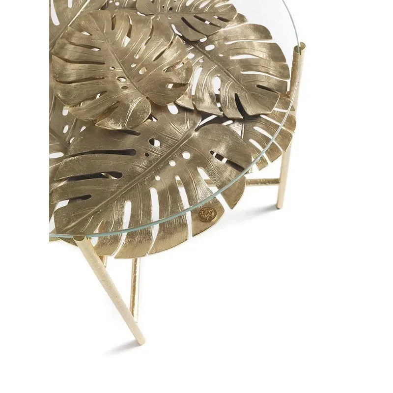 Italian Brass Glass Coffee Table Leaf Shape Round Edge Luxury Living Room Furniture Villa Decor Pure Copper Accent Desk