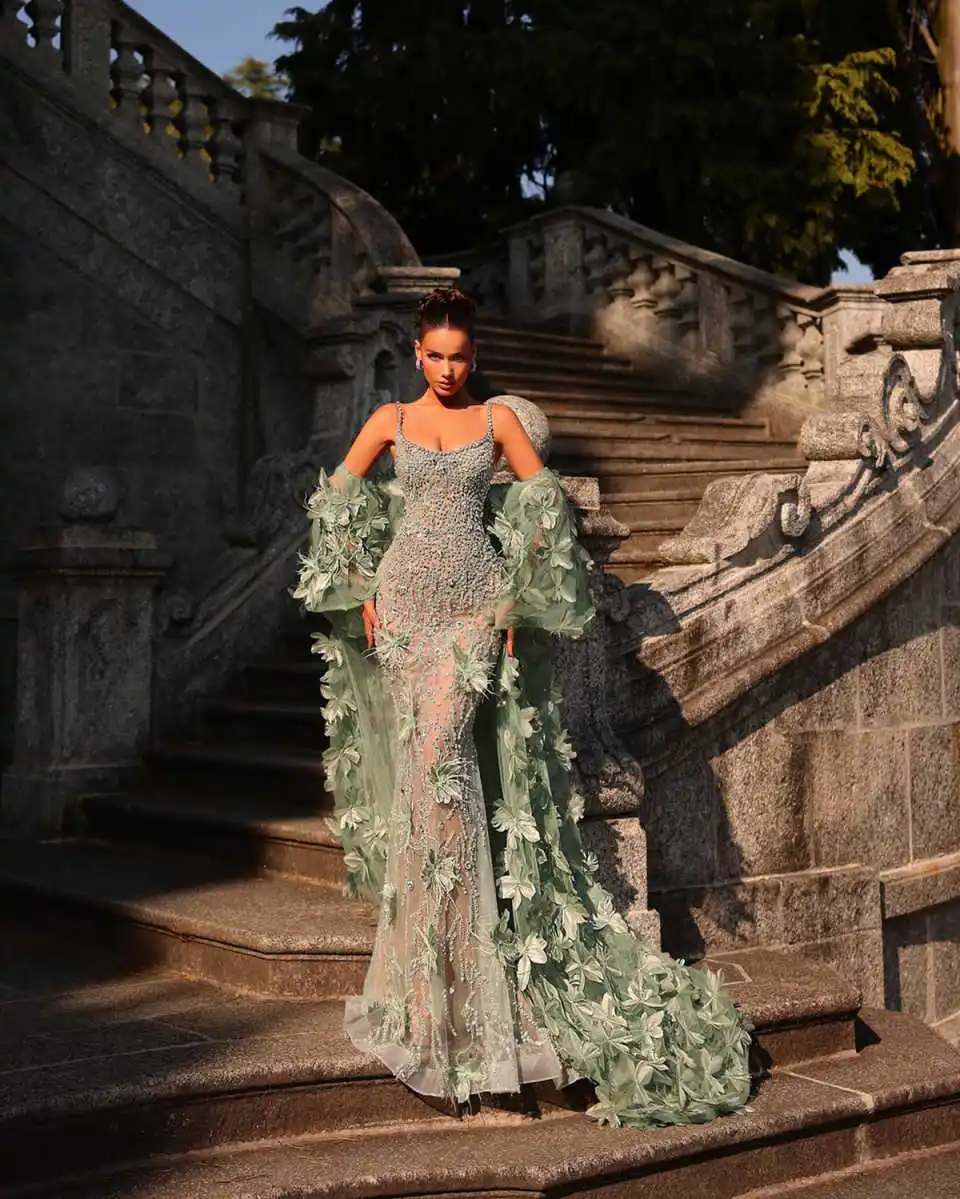 Spaghetti Straps Crystal Mermaid Evening Dresses Elegant Floral Appliques Prom Dress Rhinestone Party Gown Customized