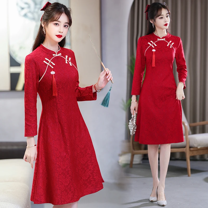 Stage Performance Improved Modern Red Cheongsam Retro Long Sleeve Chinese Traditional Qipao Party Dress CNY