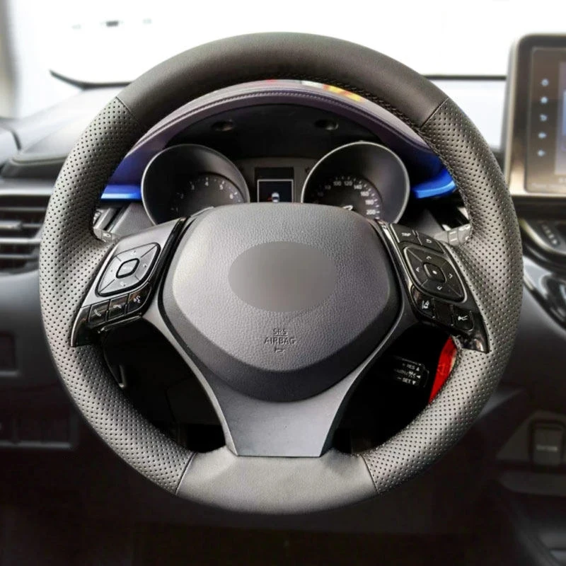 For Toyota Izoa 2018 2019 C-HR CHR 2016 -2019 Hand Braid Car Steering Wheel Cover Protection Trim Black Perforated Leather Cover