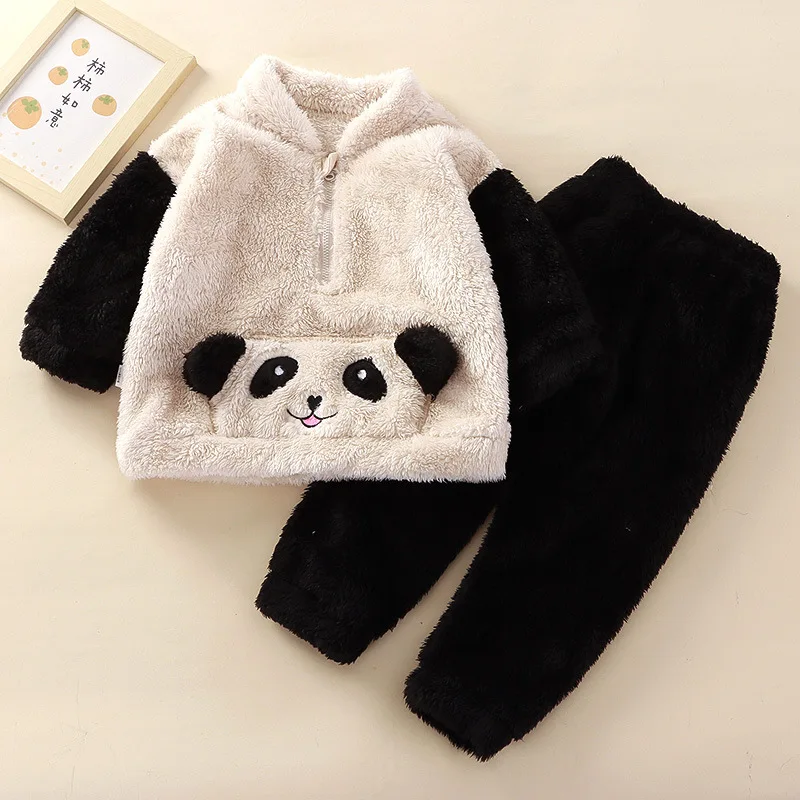Kids Casual Soft Flannel Pajamas Sets Boys Girls Zipepr Cartoon Panda Rabbit Sleepwear Toddler Baby Autumn Winter Warm Homewear