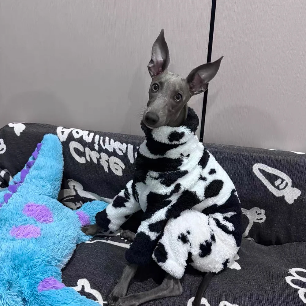 Winter Double Sided Fleece Greyhound Clothes in Cow Pattern Warm Whippet Jumpsuit for Medium Dog Clothes