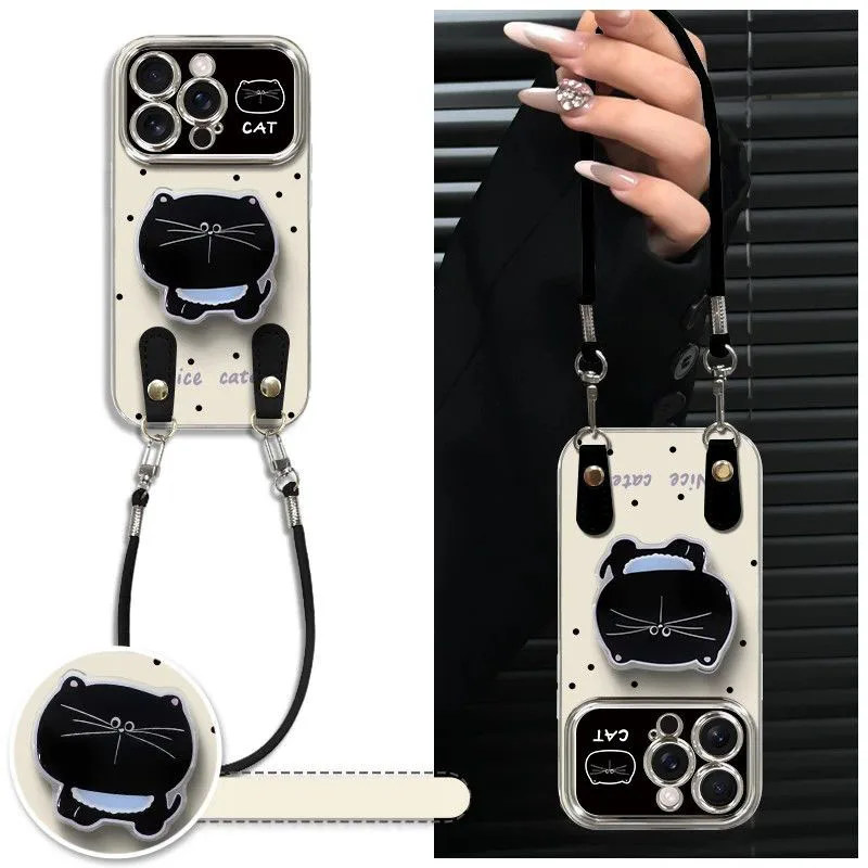 

Minimalist Cartoon Cat Phone Case with Detachable Lanyard and Airbag Holder Shockproof Protective Cover for IPhone17 16 15 14 13