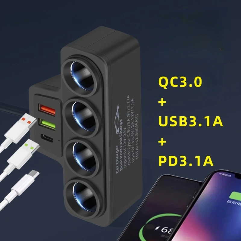 120W Car Phone Charger Cigarette Lighter Adapter PD 3.1A QC3.0 Multi Ports Quick Charge USB Charging Socket Splitter Plug