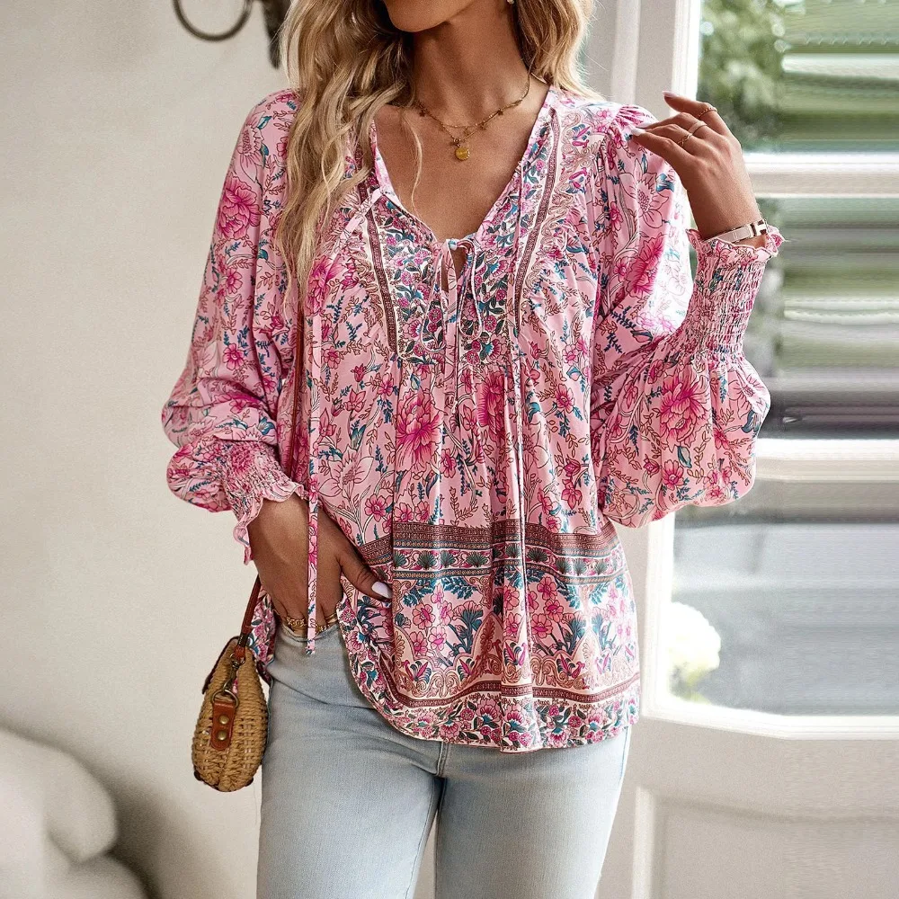 Summer Women Printed Chiffon Blouse, Elegant V‑Neck Long Sleeve Pullover Top, Non‑Open Front Casual Shirt