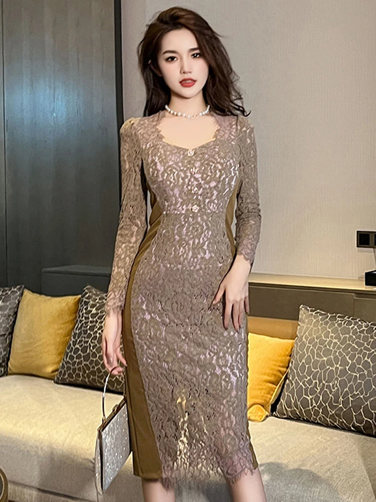 

French Elegant Midi Dress for Women Celebrtity Formal Lace Splice Long Sleeve Robe Femme Business Party Banquet Vestidos Mujer