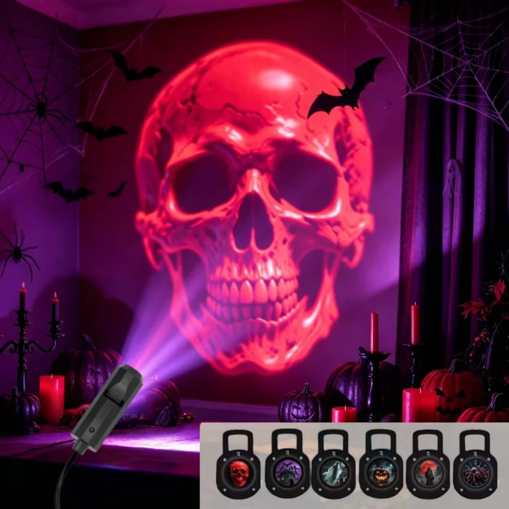 Halloween USB LED Projection Lamp,3/6pcs Patterns Light Ghost,bat,Spider,Skeleton,Halloween Atmosphere Light Festive Decoration