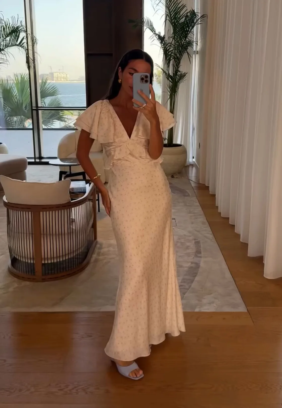 Moda impressa babados em camadas maxi vestido feminino sexy decote em v profundo manga queimada roupões finos 2025 verão férias jantar festa vestido