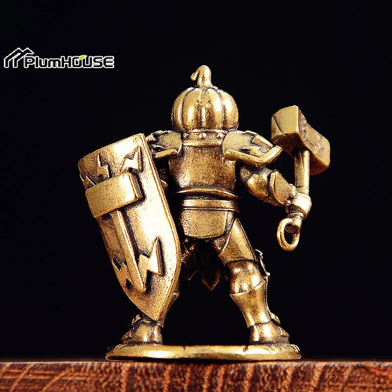 Brass Made Shield Soldier Statue Pumpkin Demon Warrior Display With Hammer Pumpkin Headgear Figurine Home Office Decor