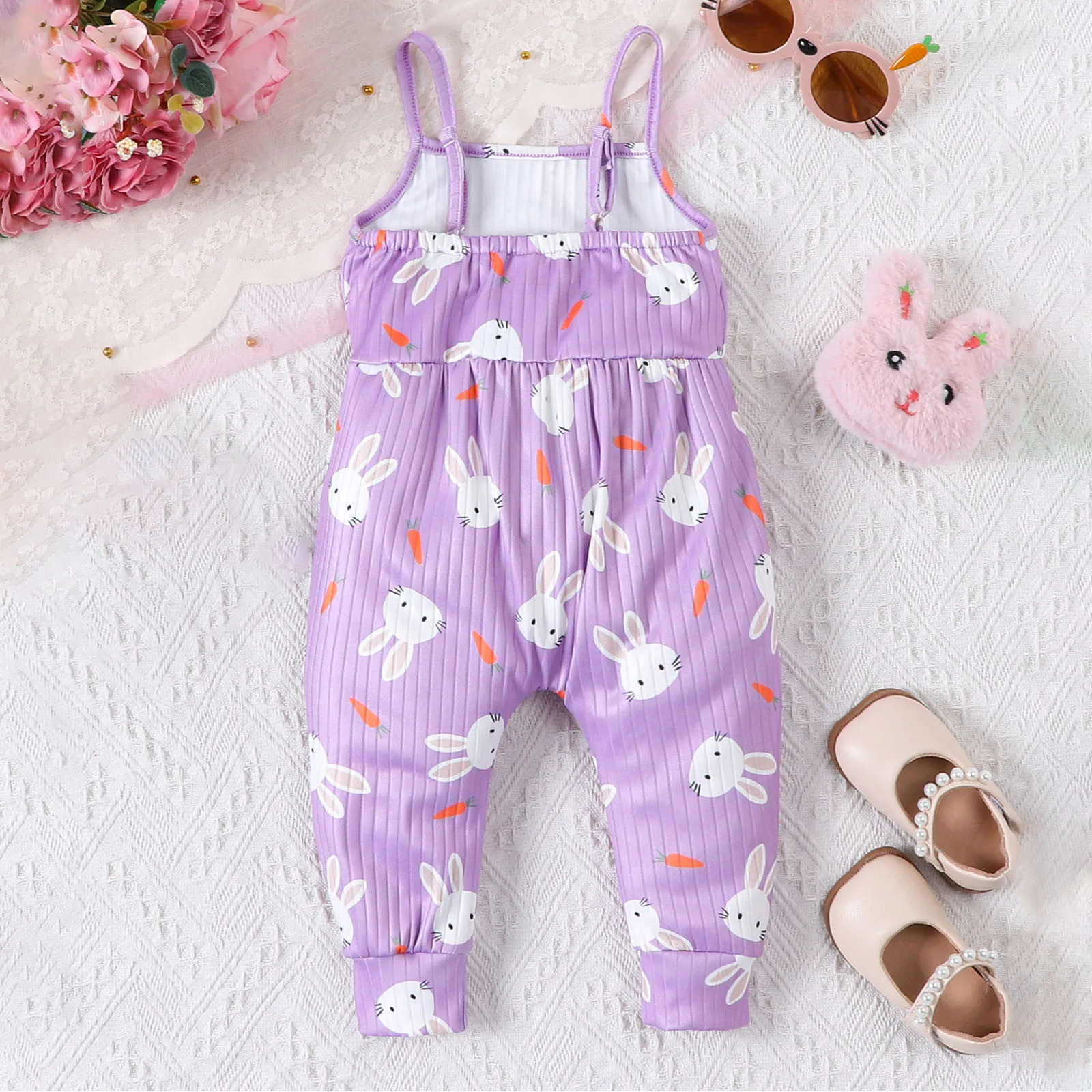 Toddler Baby Girls Easter Outfit Bunny Print Rompers 2025 Summer Sleeveless Jumpsuits Bodysuits Overalls Suspender Pants 6M-3T