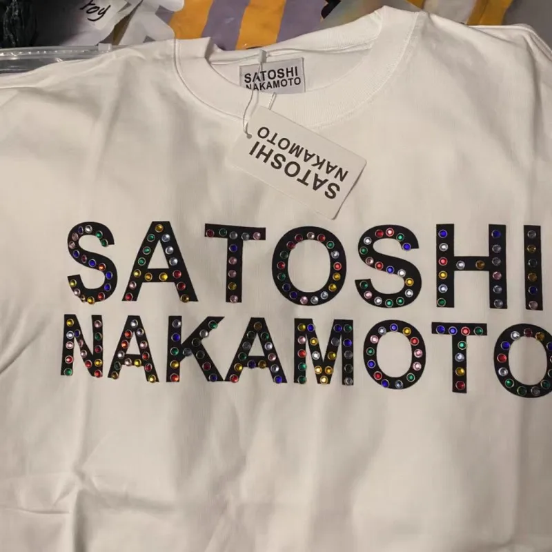 Real Photo White SATOSHI Tshirts Colorful Rhinestone Letter Breathable Cotton Round Neck Short Sleeve Men Women Street Outfit