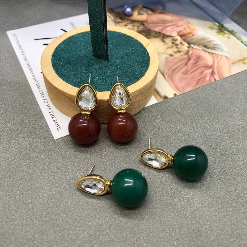 Everyday elegant earrings red green agate beads teardrop diamonds retro simple stud earrings