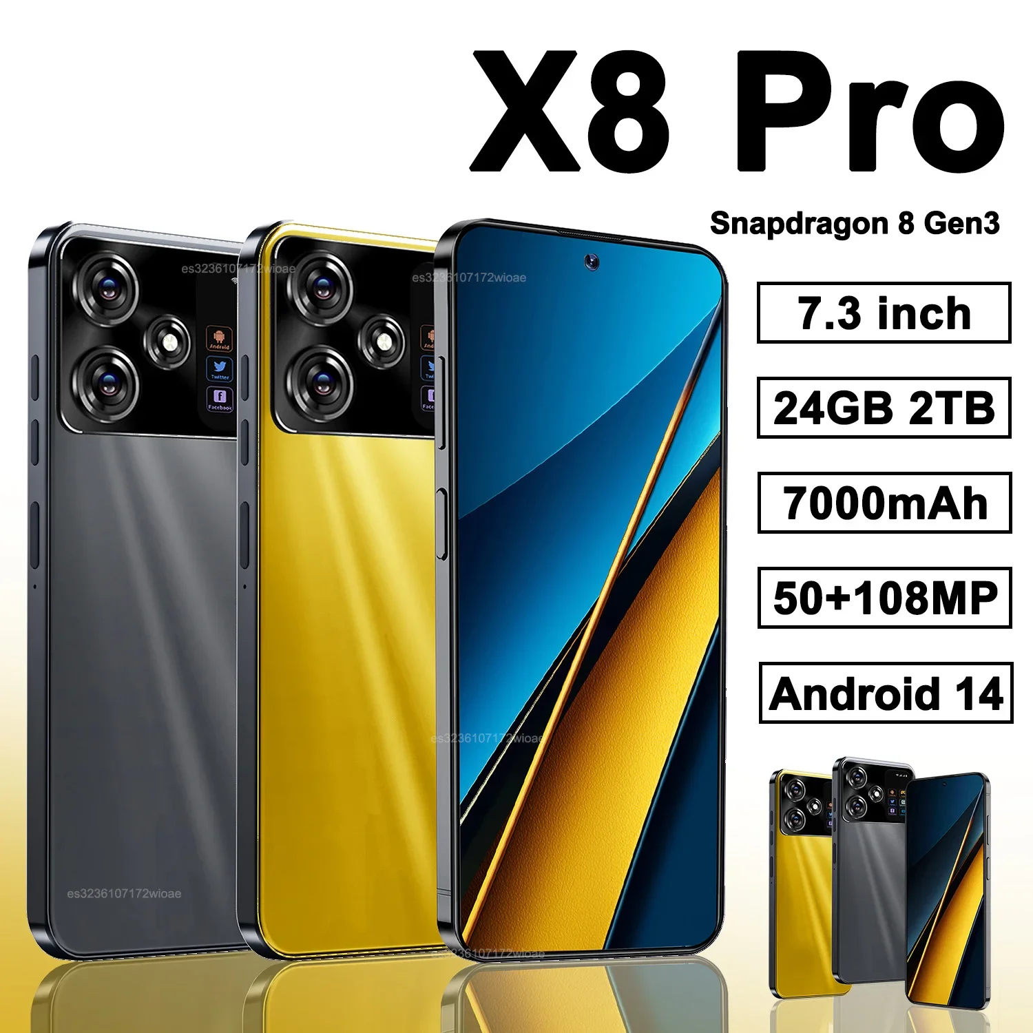 

Original X8 Pro Smartphone 7.3inch Global Version 16G+1TB Snapdragon 8 gen3 Android14 50+108MP 4G/5G Cellphone Mobile Phone NFC