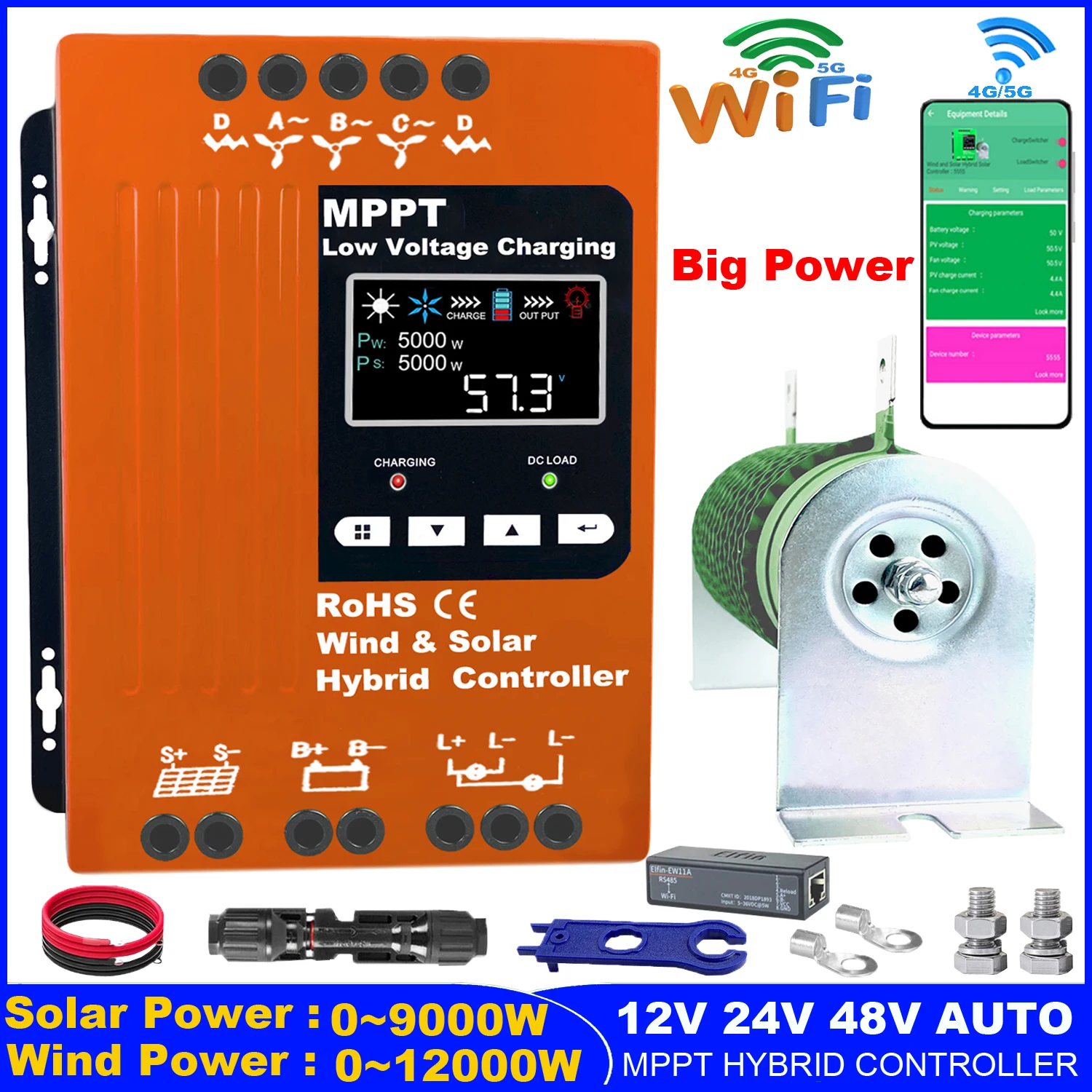 

12V 24V 48V 3000W Wifi Wind Solar Hybrid Charge Controller, MPPT Charge for Solar Panel Wind Turbine, Lithium Lead Acid Battery