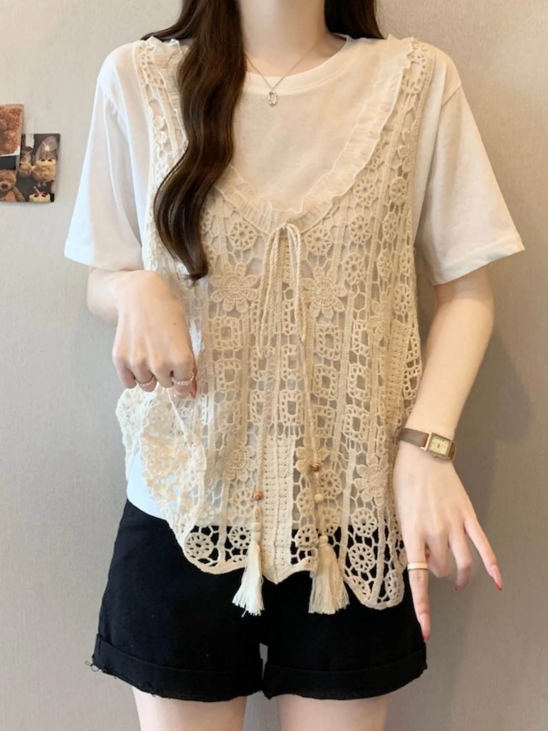 plus Size Slimming Hollow out Tank Top And Base Shirt Set Women's Summer Layering Clothing V-Neck Sleeveless Inner Wear