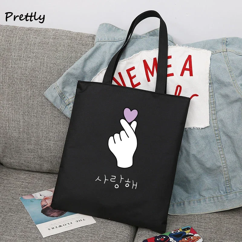 Saranghae Korean Finger Heart Shoulder Handbags Kpop Love K-pop Kdrama Canvas Tote Bag Large Student School Bags Ladies Shopping