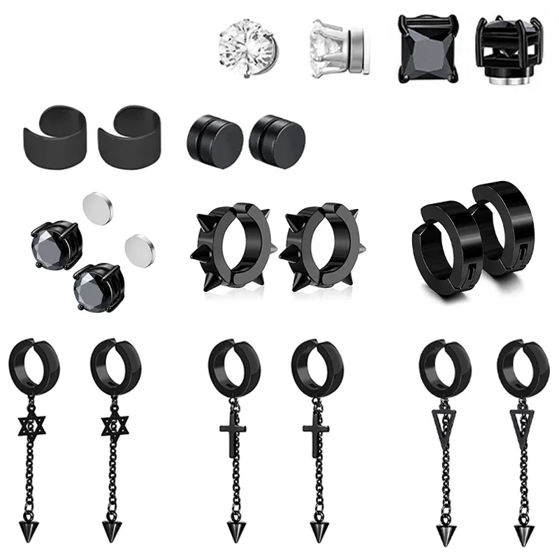 1 pairs No Piercing Ear Clip Earrings for Men Women CZ Magnetic Punk Stainless Steel Cross Stars Pendant No ear hole Jewelry