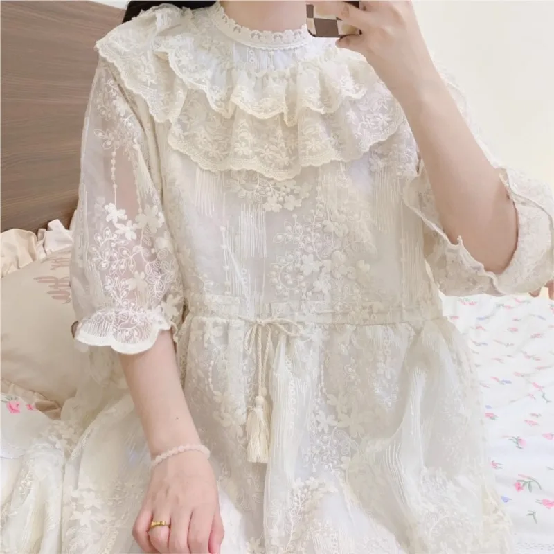 Vestido japonês de manga curta com gola de folha de lótus de renda de camada dupla doce verão suave francês