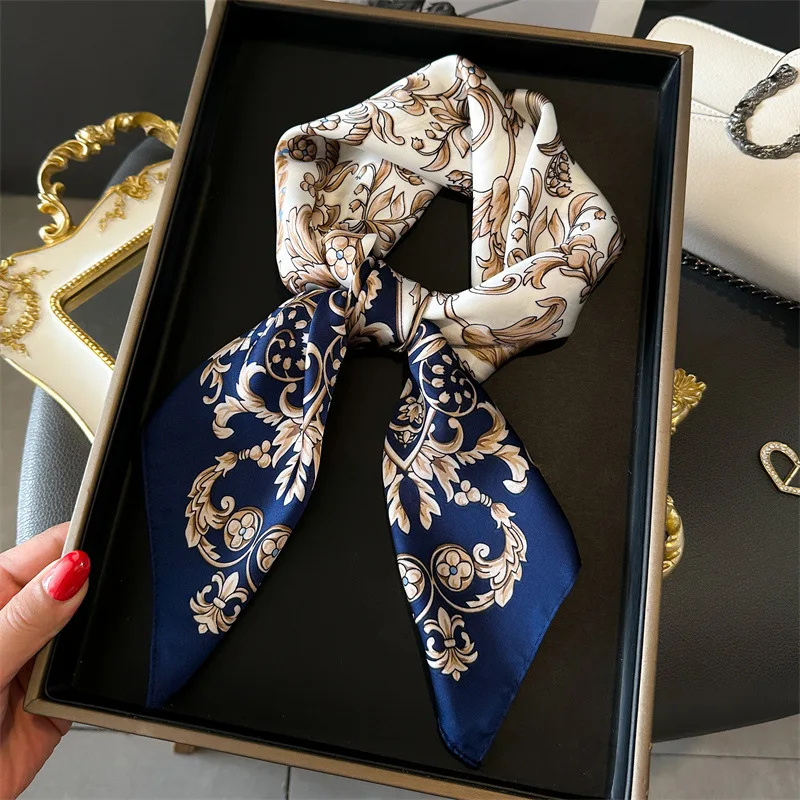 Luxury 2025 Floral Print Square Silk Scarf for Women Hijab Hair Bands 70cm Neckerchief Female Satin Shawl Ribbon Headband