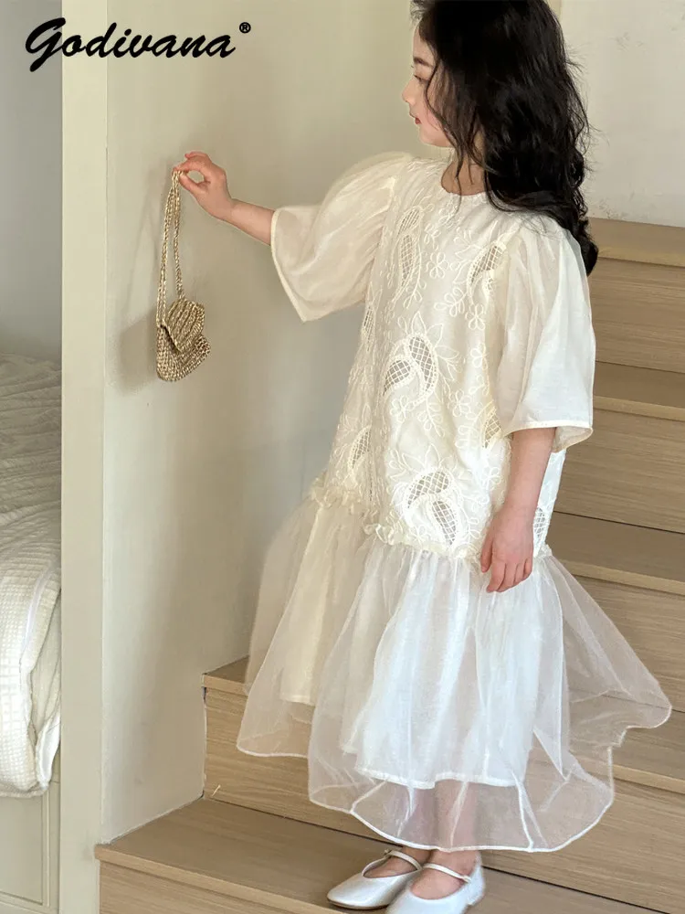 

Sweet Baby Girls 2026 New Spring and Summer Dress Kids O-neck Half Sleeve High End Embroidery Organza and Mesh Princess Dresses