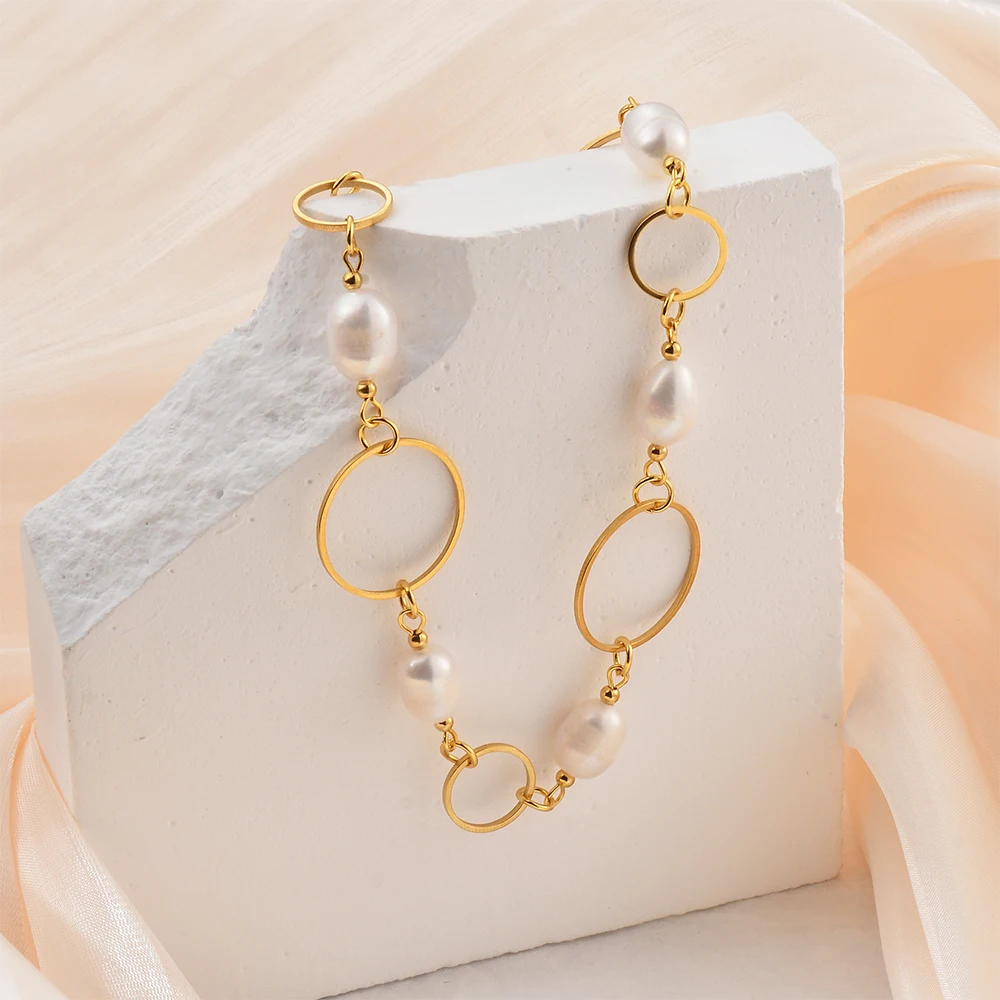 

Fashion Stainless Steel Heart Round Connection Natural Freshwater Pearl Neckalce for Women Classic Jewelry Gift for Friend